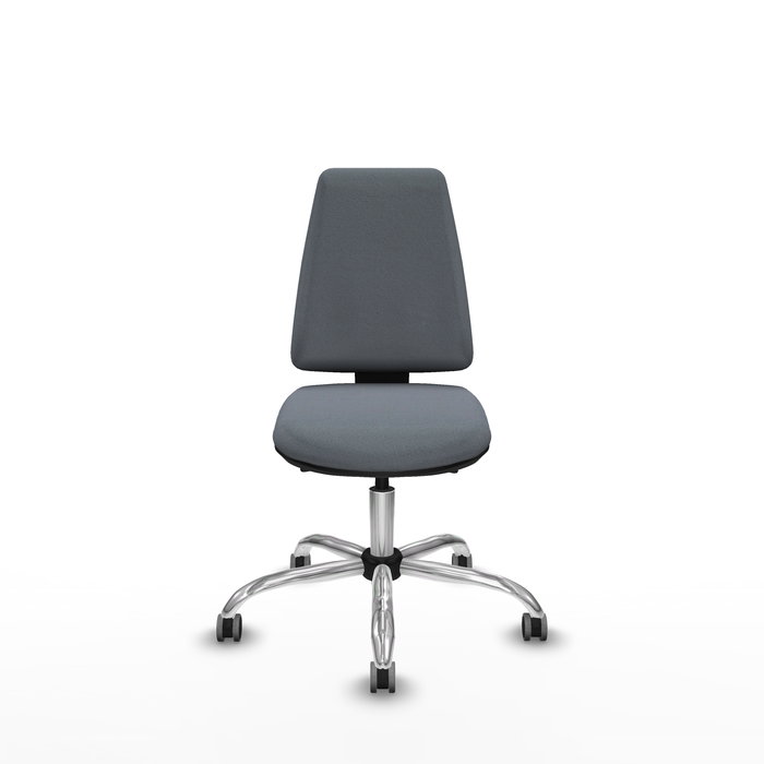 Silla de oficina Elche con mecanismo Asincro tapizada con Tela color Gris. Equipada con Base cromada, Sin brazos y Ruedas 65 mm parqué