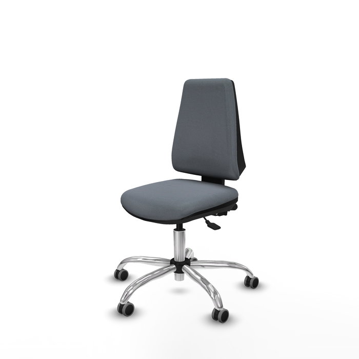 Silla de oficina Elche con mecanismo Asincro tapizada con Tela color Gris. Equipada con Base cromada, Sin brazos y Ruedas 65 mm parqué