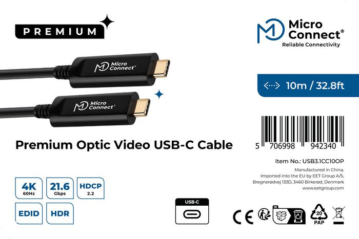 MicroConnect Cable USB-C de Fibra Óptica Premium para Video, 10m