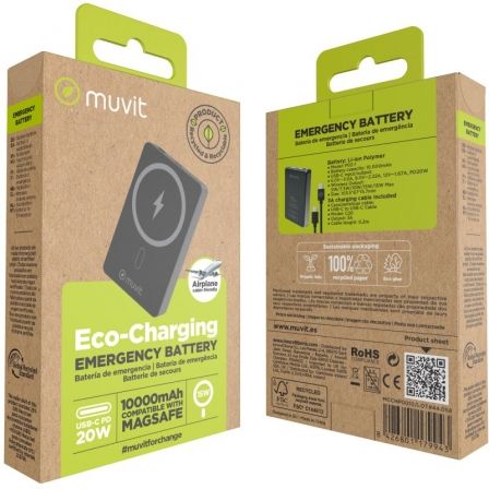 Muvit For Change MCCHP0010 Power Bank 10000mAh 20W Wireless Negra con Cable USB Tipo-C