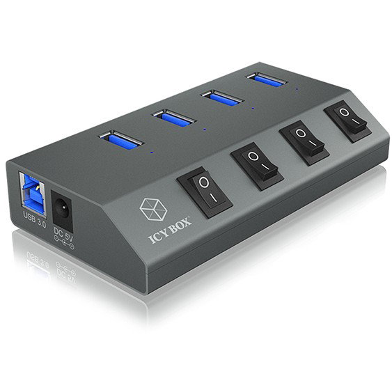 ICY BOX IB-HUB1405 Hub USB 3.0 4 Puertos con Conmutador por Puerto, Aluminio, 5 Gbps, USB Tipo-B a 4x Tipo-A ICY BOX IB-HUB1405 Hub USB 3.0 4 Puertos con Conmutador por Puerto, Aluminio, 5 Gbps, USB Tipo-B a 4x Tipo-A