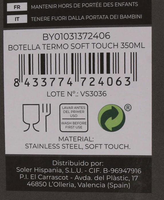 Thermosport Botella Termo Soft Touch 350ml 6.8x22.5 cm (6 Unidades)