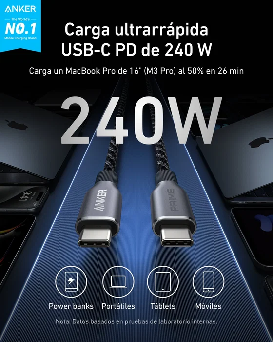Anker A88E2011 Cable USB-C a USB-C de 0.9m (3ft) para Carga Rápida 240W, Trenzado Reciclado Prime