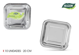 Algon Set 10 Platos Cartón Plata Cuadrados 20 cm (18 Unidades)