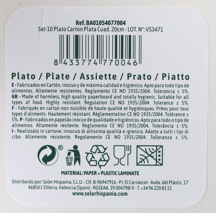 Algon Set 10 Platos Cartón Plata Cuadrados 20 cm (18 Unidades)