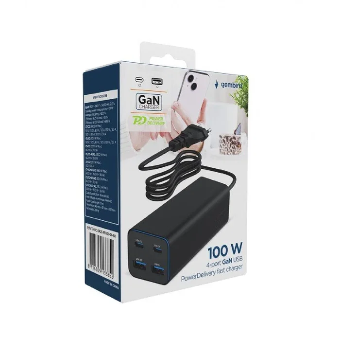 Gembird TA-UC-2A2C-PD100-01-BK Cargador Rápido 100 W Negro