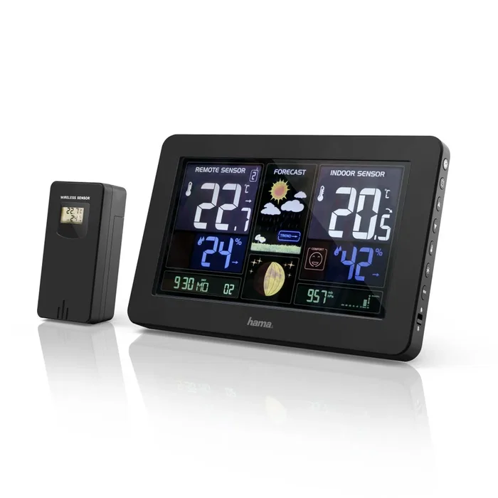 Hama Estación Meteorológica Premium con Reloj Radio DCF, Pronóstico del Tiempo, Sensor Exterior, Barómetro, Fases Luna y Puerto de Carga USB, Negro