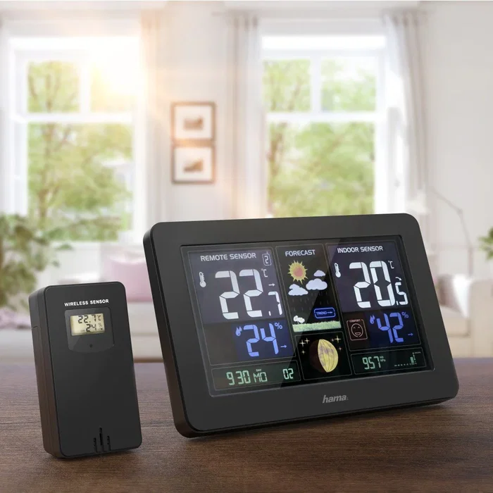 Hama Estación Meteorológica Premium con Reloj Radio DCF, Pronóstico del Tiempo, Sensor Exterior, Barómetro, Fases Luna y Puerto de Carga USB, Negro