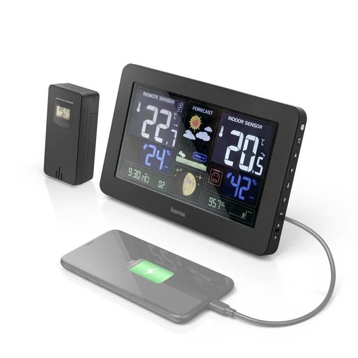 Hama Estación Meteorológica Premium con Reloj Radio DCF, Pronóstico del Tiempo, Sensor Exterior, Barómetro, Fases Luna y Puerto de Carga USB, Negro