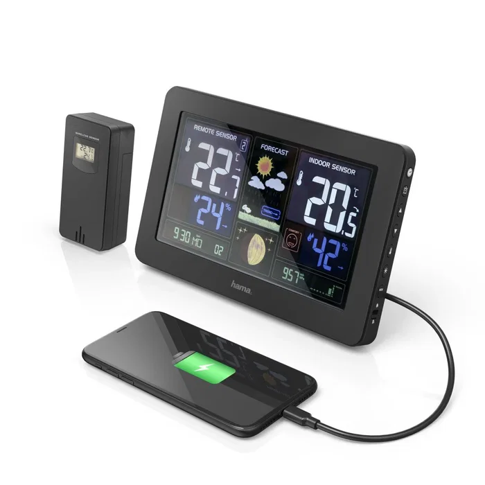 Hama Estación Meteorológica Premium con Reloj Radio DCF, Pronóstico del Tiempo, Sensor Exterior, Barómetro, Fases Luna y Puerto de Carga USB, Negro
