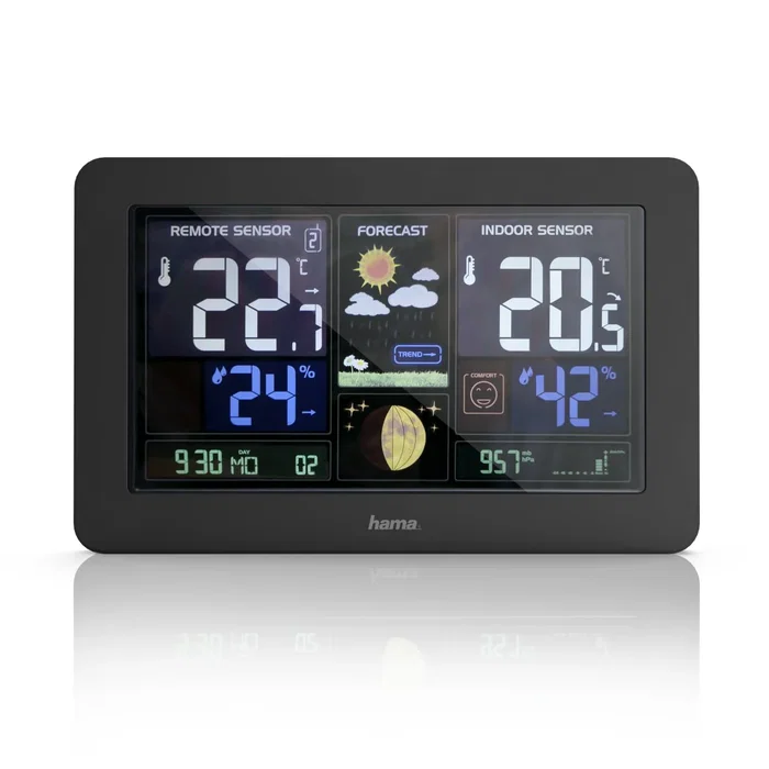 Hama Estación Meteorológica Premium con Reloj Radio DCF, Pronóstico del Tiempo, Sensor Exterior, Barómetro, Fases Luna y Puerto de Carga USB, Negro