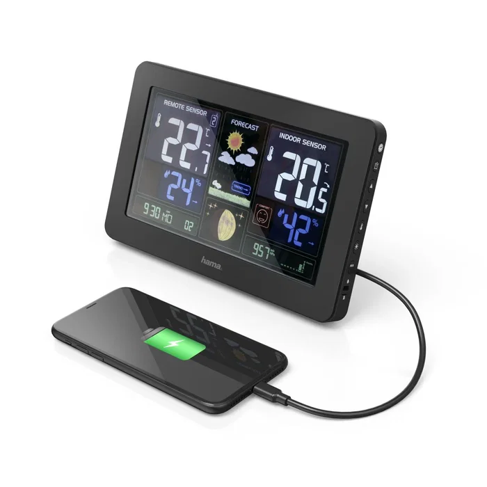 Hama Estación Meteorológica Premium con Reloj Radio DCF, Pronóstico del Tiempo, Sensor Exterior, Barómetro, Fases Luna y Puerto de Carga USB, Negro