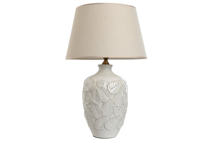 DKD Home Decor Lámpara de Sobremesa de Porcelana y Algodón Blanco con Hojas