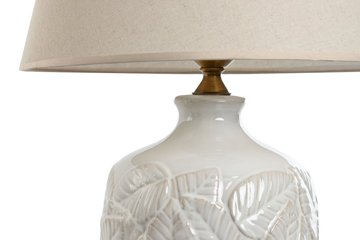 DKD Home Decor Lámpara de Sobremesa de Porcelana y Algodón Blanco con Hojas