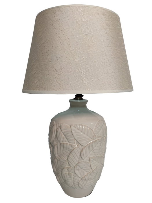 DKD Home Decor Lámpara de Sobremesa de Porcelana y Algodón Blanco con Hojas