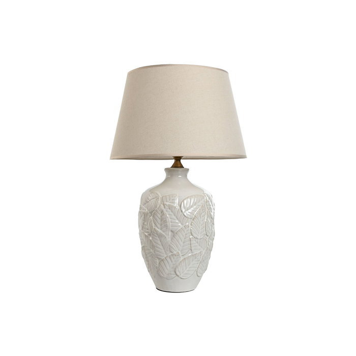DKD Home Decor Lámpara de Sobremesa de Porcelana y Algodón Blanco con Hojas