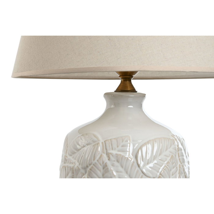 DKD Home Decor Lámpara de Sobremesa de Porcelana y Algodón Blanco con Hojas