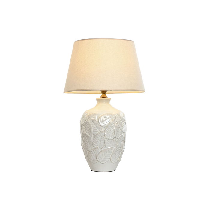 DKD Home Decor Lámpara de Sobremesa de Porcelana y Algodón Blanco con Hojas