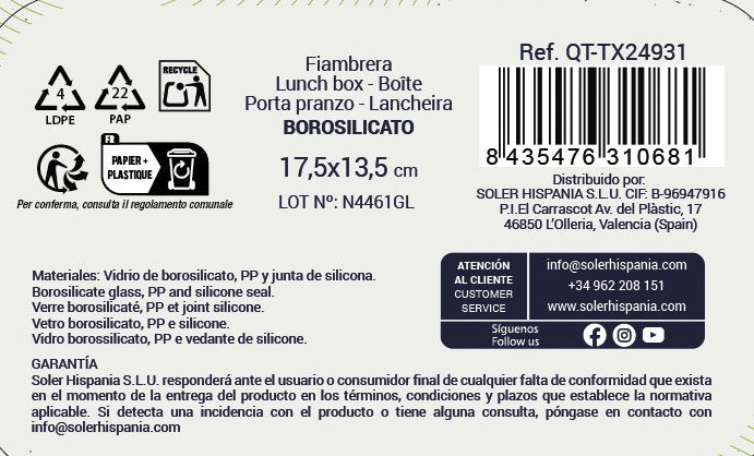 Inde Fiambrera Rectangular Hermética "Textury" 17.5 cm x 13.5 cm 600 cc (6 Unidades)