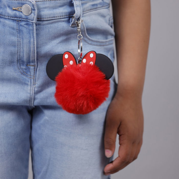 Disney Llavero Pompom Minnie Mouse con Orejas 3D y Lazo Rojo, Accesorio Colgante para Llaves