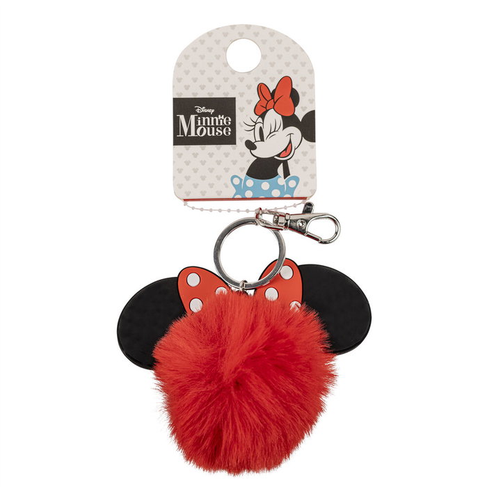 Disney Llavero Pompom Minnie Mouse con Orejas 3D y Lazo Rojo, Accesorio Colgante para Llaves