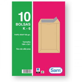 Sam 665099 Paquetes de 10 Bolsas Kraft con Tira de Silicona, Marrón, 184x261 mm, 80 grs