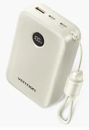 Vention FKBN0-C Power Bank 20000mAh 22.5W Beige con Cable USB-C Incorporado, Diseño Giratorio de 45º y Apto para Avión