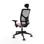 Silla de oficina Motilla con mecanismo Sincro tapizada con Tela color Rosa y malla color Gris. Equipada con lumbar 1D, Brazos 3D, Cabecero Fijo y Ruedas 65 mm parqué