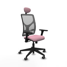 Silla de oficina Motilla con mecanismo Sincro tapizada con Tela color Rosa y malla color Gris. Equipada con lumbar 1D, Brazos 3D, Cabecero Fijo y Ruedas 65 mm parqué
