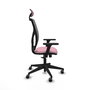 Silla de oficina Motilla con mecanismo Sincro tapizada con Tela color Rosa y malla color Gris. Equipada con lumbar 1D, Brazos 3D, Cabecero Fijo y Ruedas 65 mm parqué