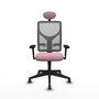 Silla de oficina Motilla con mecanismo Sincro tapizada con Tela color Rosa y malla color Gris. Equipada con lumbar 1D, Brazos 3D, Cabecero Fijo y Ruedas 65 mm parqué