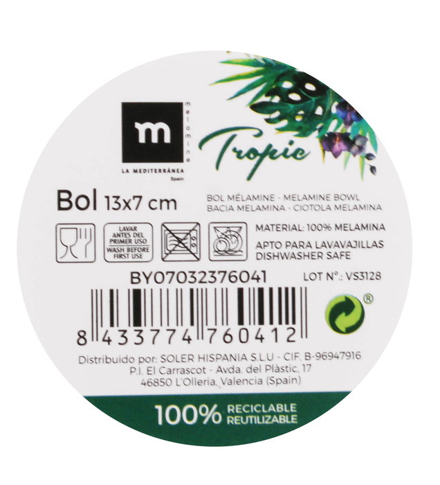 La Mediterranea Bol Melamina Tropic 13 cm x 7 cm Brillo Md (24 Unidades)