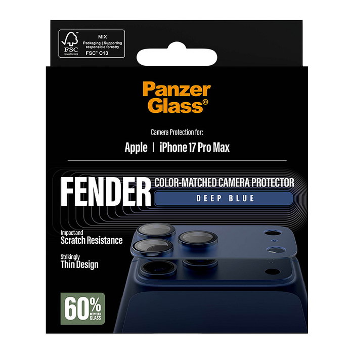 PanzerGlass Protector de Cámara Deep Blue para iPhone Pro Max, Resistente a Rayones y Golpes, Aplicación en Seco, Vidrio Templado, Incluye Kit de Limpieza