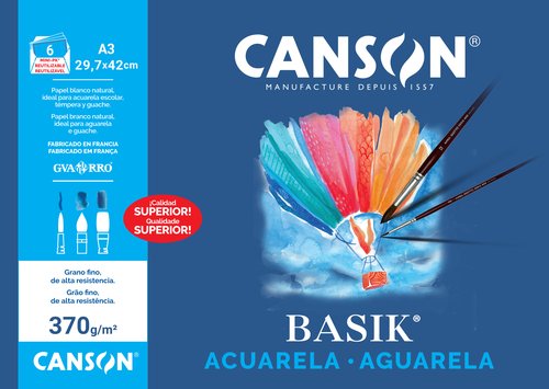 Canson Minipack Papel para Acuarela y Témpera Basik A3 370g 6 Hojas