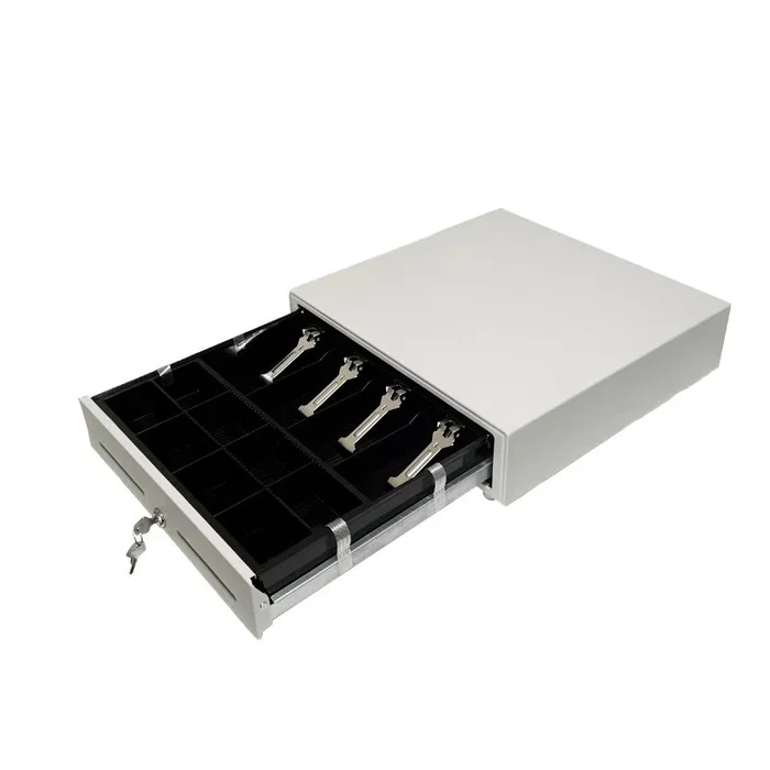 Premier 410 HQ-W Cajón de Efectivo Automático y Manual, Blanco, Acero, con Bandeja, 24V, 4 Compartimentos Billetes, 8 Monedas