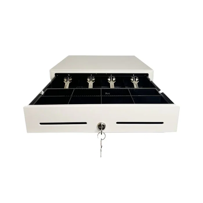 Premier 410 HQ-W Cajón de Efectivo Automático y Manual, Blanco, Acero, con Bandeja, 24V, 4 Compartimentos Billetes, 8 Monedas