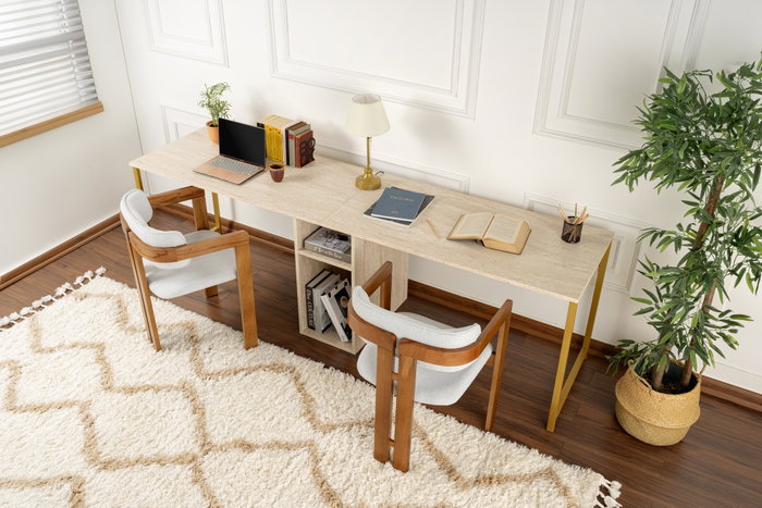 Nordure Escritorio de Estudio Travertino y Oro, 240cm An x 74cm Al x 60cm Prof Nordure Escritorio de Estudio Travertino y Oro, 240cm An x 74cm Al x 60cm Prof