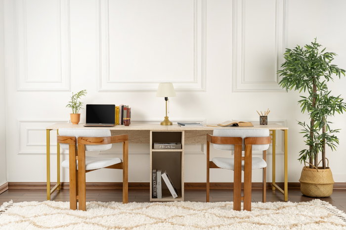 Nordure Escritorio de Estudio Travertino y Oro, 240cm An x 74cm Al x 60cm Prof Nordure Escritorio de Estudio Travertino y Oro, 240cm An x 74cm Al x 60cm Prof
