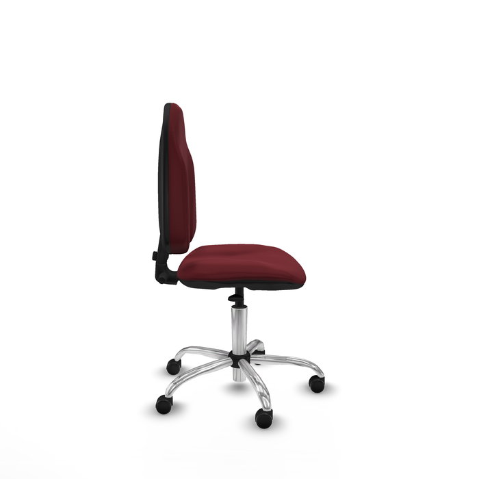 Silla de oficina Algarra con mecanismo Contacto permanente básico tapizada con Similpiel color Granate. Equipada con Base cromada, Sin brazos y Ruedas autofrenantes