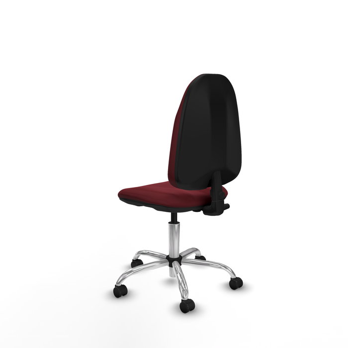 Silla de oficina Algarra con mecanismo Contacto permanente básico tapizada con Similpiel color Granate. Equipada con Base cromada, Sin brazos y Ruedas autofrenantes