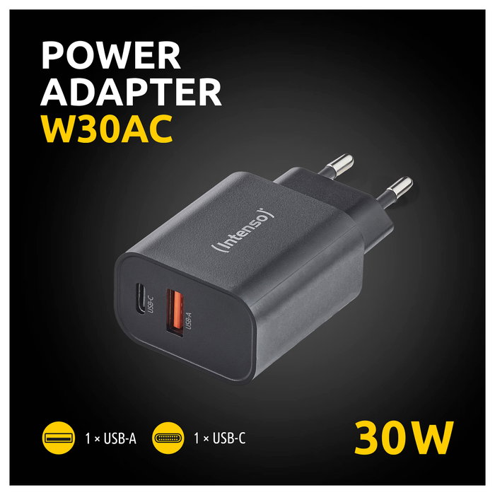 Intenso Cargador de Pared W30AC con 1 x USB-A y 1 x USB-C, 30 W, Negro