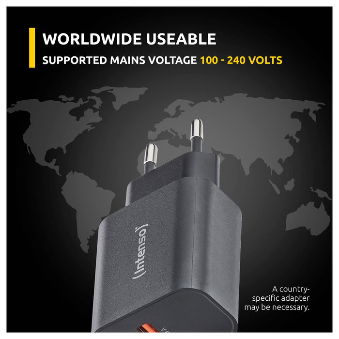 Intenso Cargador de Pared W30AC con 1 x USB-A y 1 x USB-C, 30 W, Negro