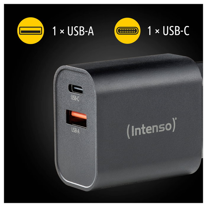 Intenso Cargador de Pared W30AC con 1 x USB-A y 1 x USB-C, 30 W, Negro