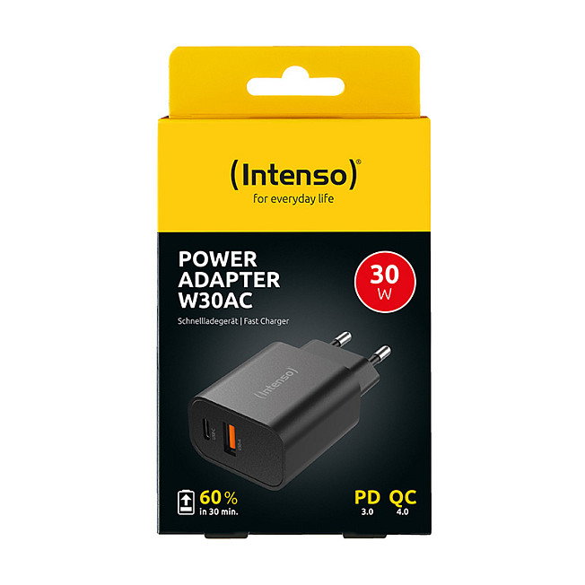 Intenso Cargador de Pared W30AC con 1 x USB-A y 1 x USB-C, 30 W, Negro
