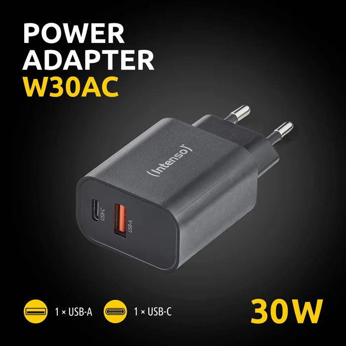 Intenso Cargador de Pared W30AC USB-A y USB-C 30 W Negro