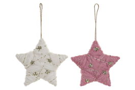 DKD Home Decor Decoracion Colgante Navidad Fantasia Blanco Rosa Palo Dorado Lana Estrella 2.5 x 14 x 15 cm (6 Unidades)