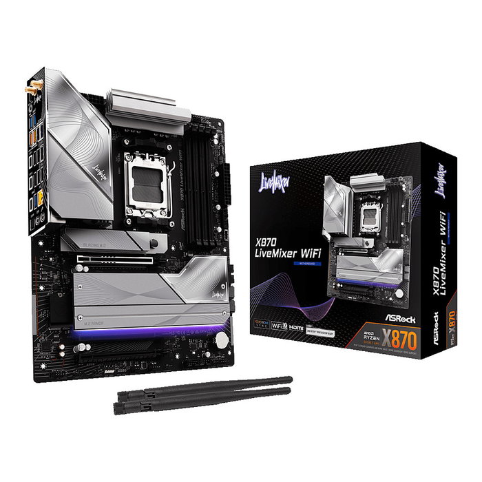 ASRock X870 Livemixer WiFi Placa Base ATX con Chipset AMD X870 para Zócalo AM5, DDR5, PCIe 5.0, Wi-Fi 7, Bluetooth 5.4, HDMI 2.1, USB4 y USB-C, para AMD Ryzen 7000/8000/9000 Series ASRock X870 Livemixer WiFi Placa Base ATX con Chipset AMD X870 para Zócalo AM5, DDR5, PCIe 5.0, Wi-Fi 7, Bluetooth 5.4, HDMI 2.1, USB4 y USB-C, para AMD Ryzen 7000/8000/9000 Series