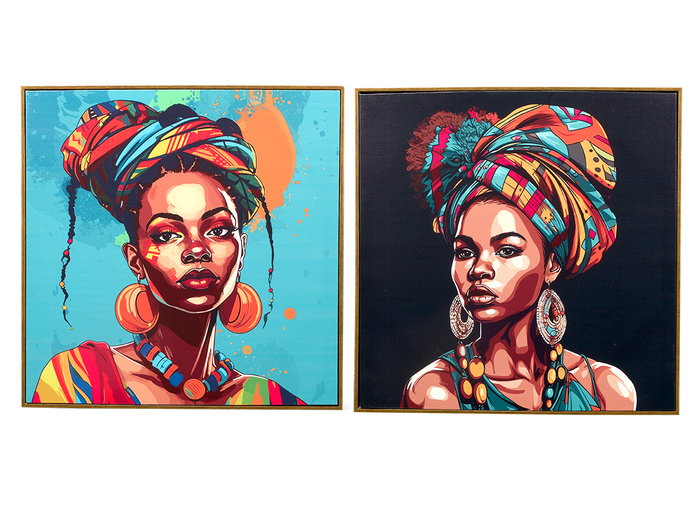 Giftdecor Cuadro Lienzo Marco Oro Pañuelo Etnico Surtido 60x60 cm (Set de 2)