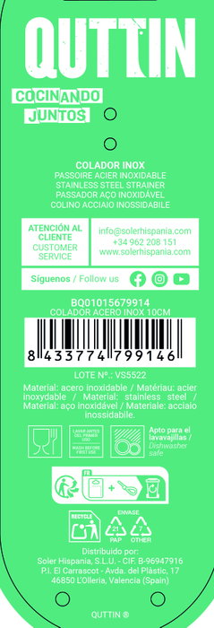 Inde Colador de Mano en Acero Inoxidable 10 cm, Ancho 9.8 cm Alto 4.7 cm Largo 28.1 cm (36 Unidades)