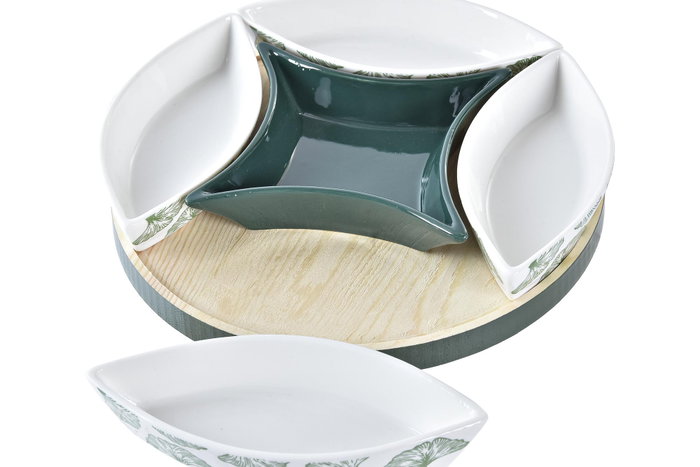 DKD Home Decor Set de 6 Tablas de Aperitivo con Hojas Verde, Blanco y Natural en Gres y MDF
